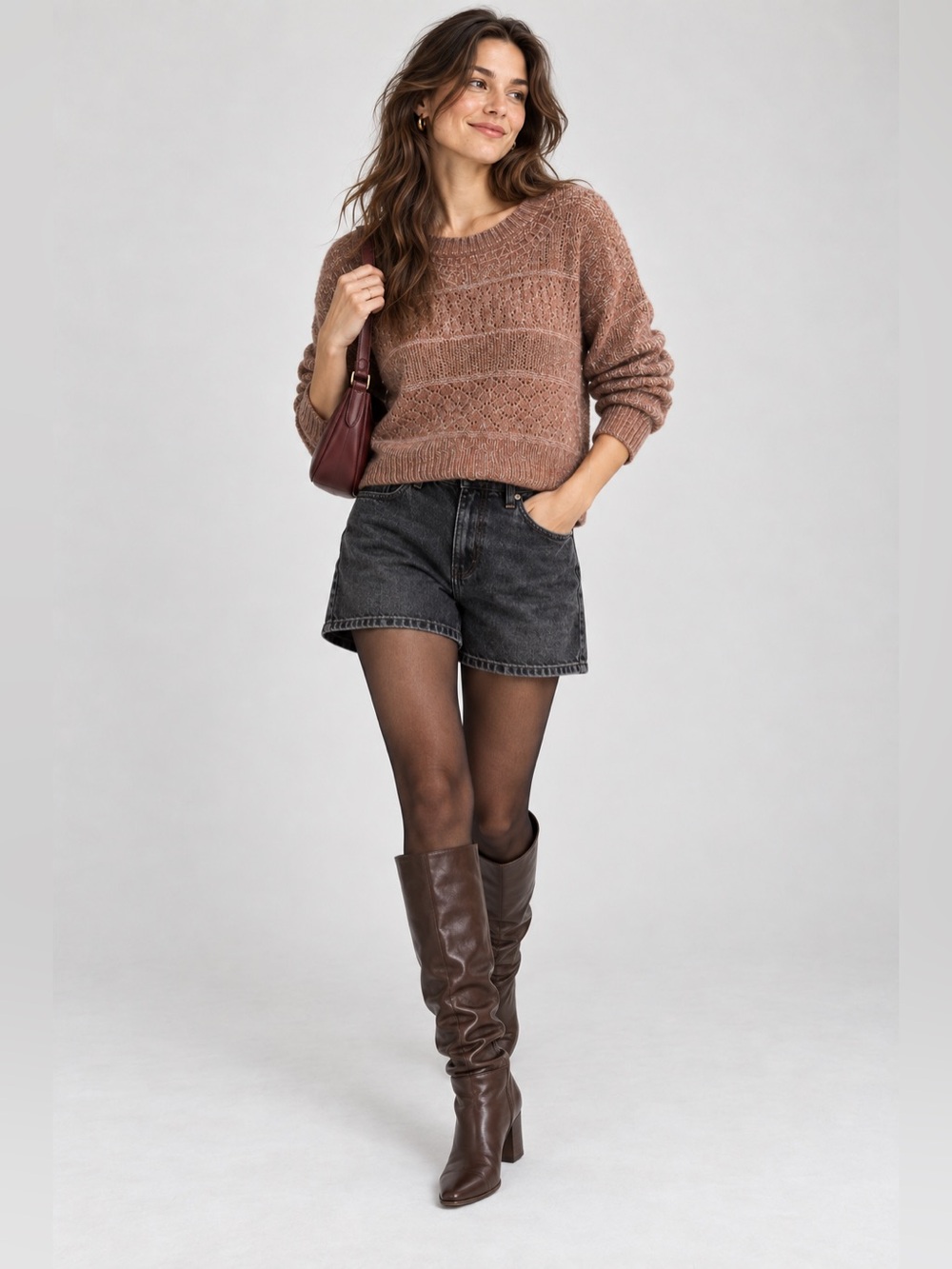 Old Navy XL Petite Brown Pointelle Knit Cropped Sweater NWT